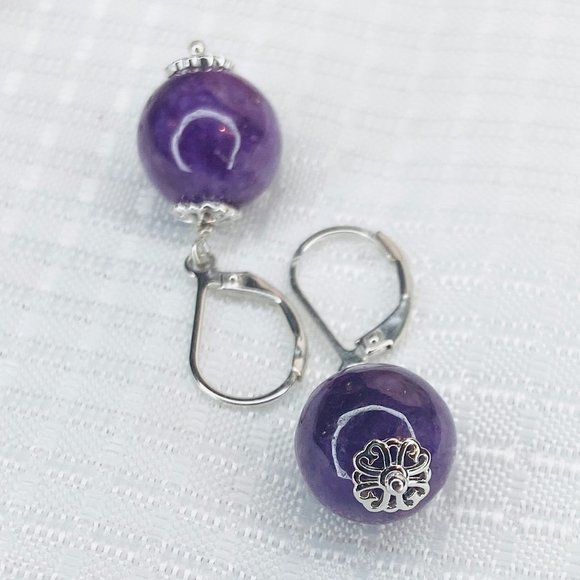 Sterling Silver Lavender Jade Bead Drop Leverback Earrings - Picture 5 of 5